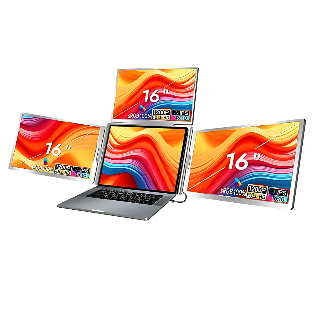 Extensie 3 ecrane pentru laptop, 3*16 inch, full HD, IPS, sRGB 100%, 1920*1200, USB Type-C/USB Type-A, compatibilitate multipla, design portabil, reglabil, geanta cadou, gri