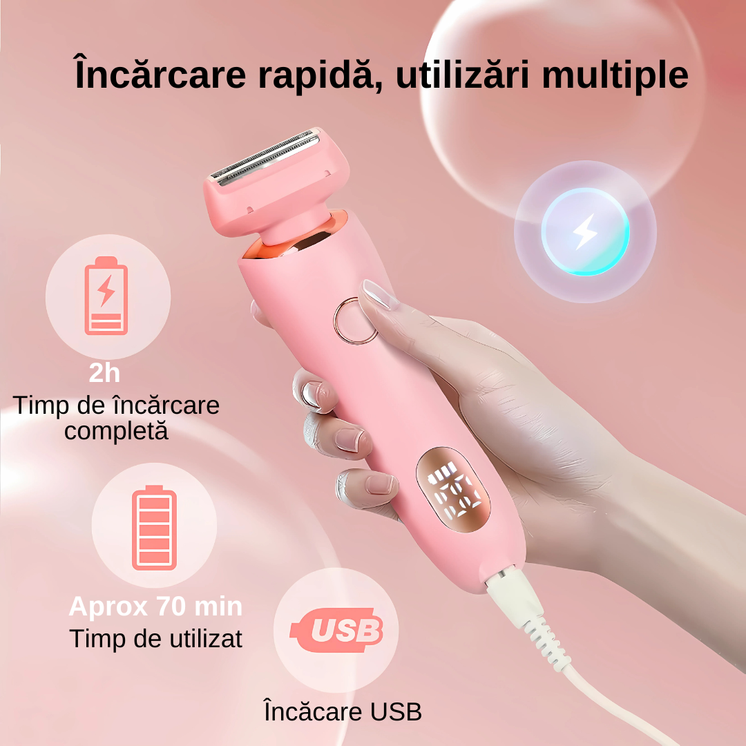 Aparat de ras electric 2 in 1, 2 capete interschimbabile, mediu uscat si umed, rezistent la apa IPX7, ecran LCD, design ergonomic, USB Type-C, capacitate baterie 8000mAh, roz