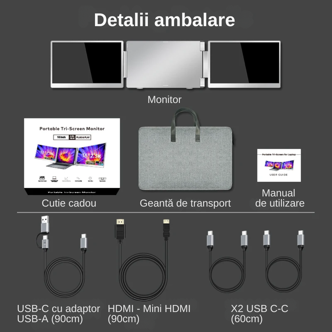 Extensie 2 ecrane pentru laptop, 2*16 inch, full HD, IPS, sRGB 100%, 2560*1600, USB Type-C/USB TypeA/HDMI, compatibilitate multipla, design portabil, reglabil, geanta cadou, gri - imagine 9