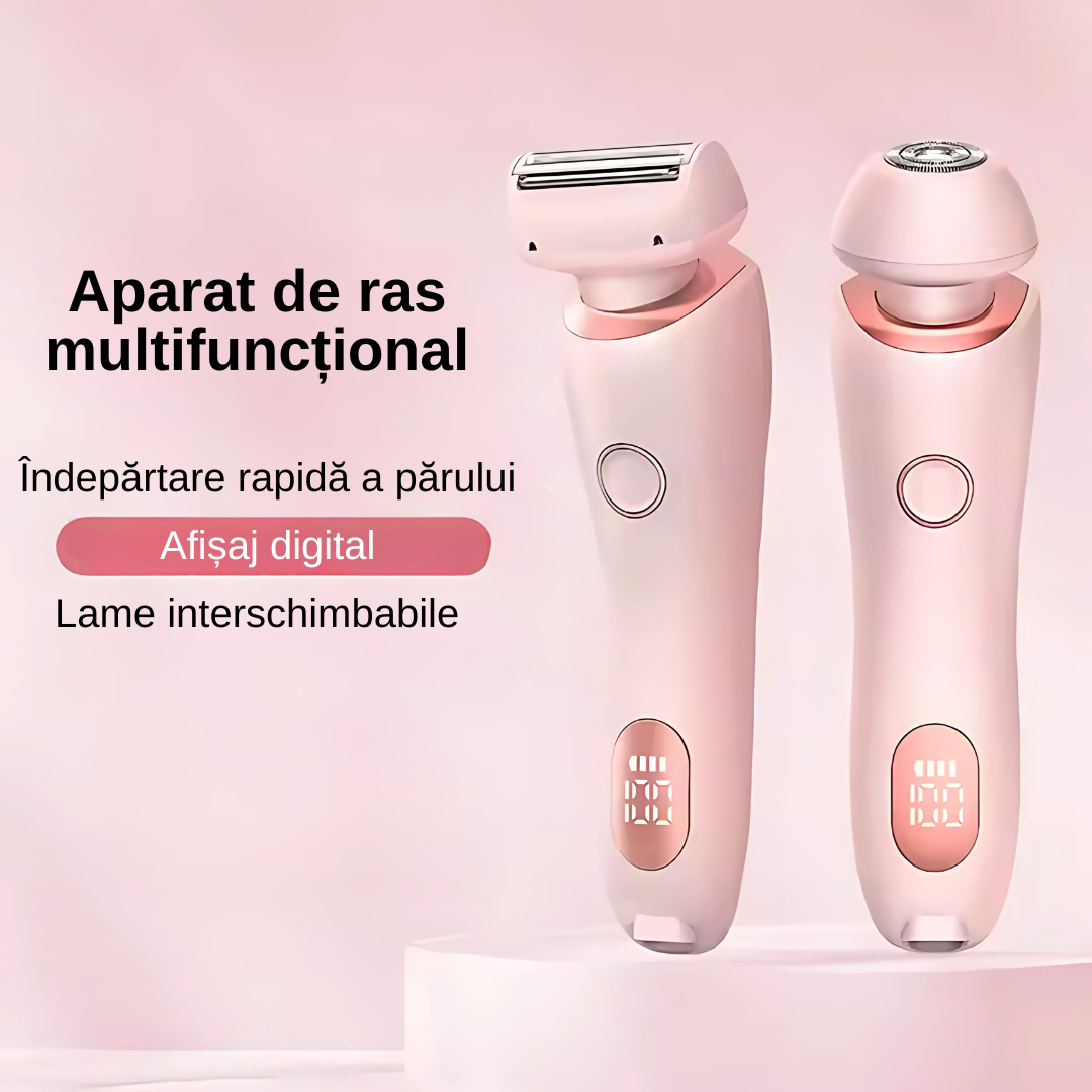 Aparat de ras electric 2 in 1, 2 capete interschimbabile, mediu uscat si umed, rezistent la apa IPX7, ecran LCD, design ergonomic, USB Type-C, capacitate baterie 8000mAh, roz