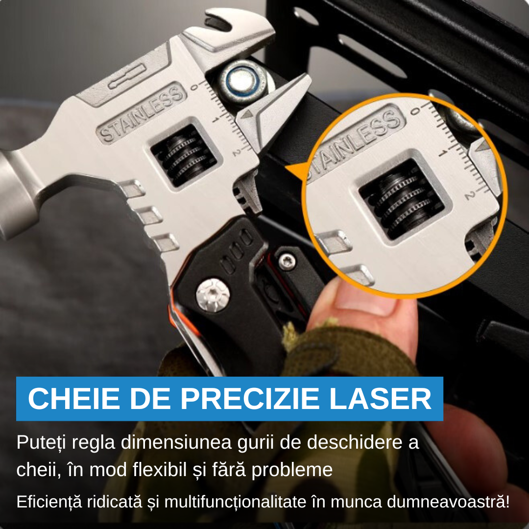 Ciocan multifunctional 19 in 1 de otel, Suport de surubelnita, Inox, Cheie reglabila, Cleste, Deschizator de conserve, Compact, Portabil, Taietor de sarma, 8,5 x 17cm, Negru