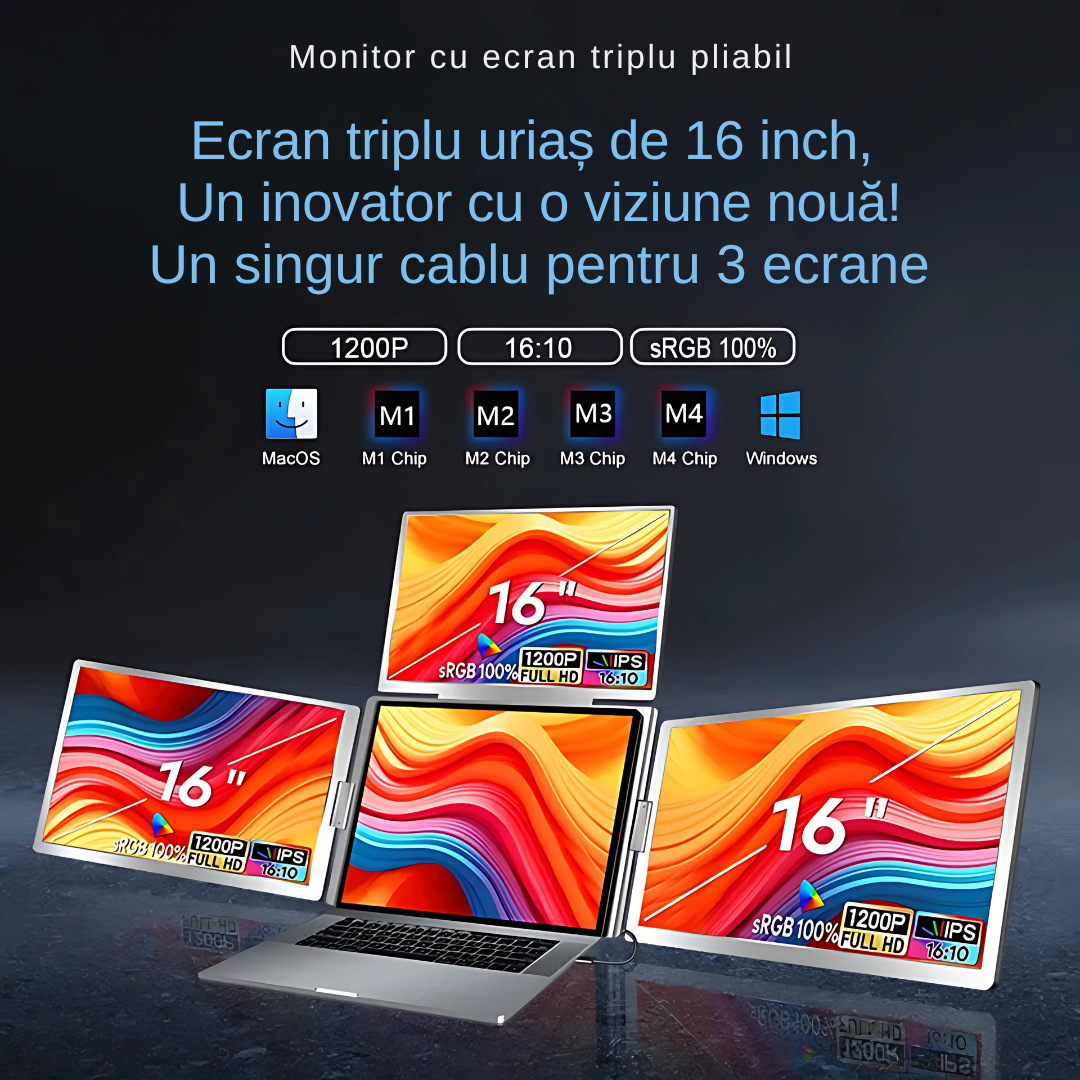 Extensie 3 ecrane pentru laptop, 3*16 inch, full HD, IPS, sRGB 100%, 1920*1200, USB Type-C/USB Type-A, compatibilitate multipla, design portabil, reglabil, geanta cadou, gri - imagine 4