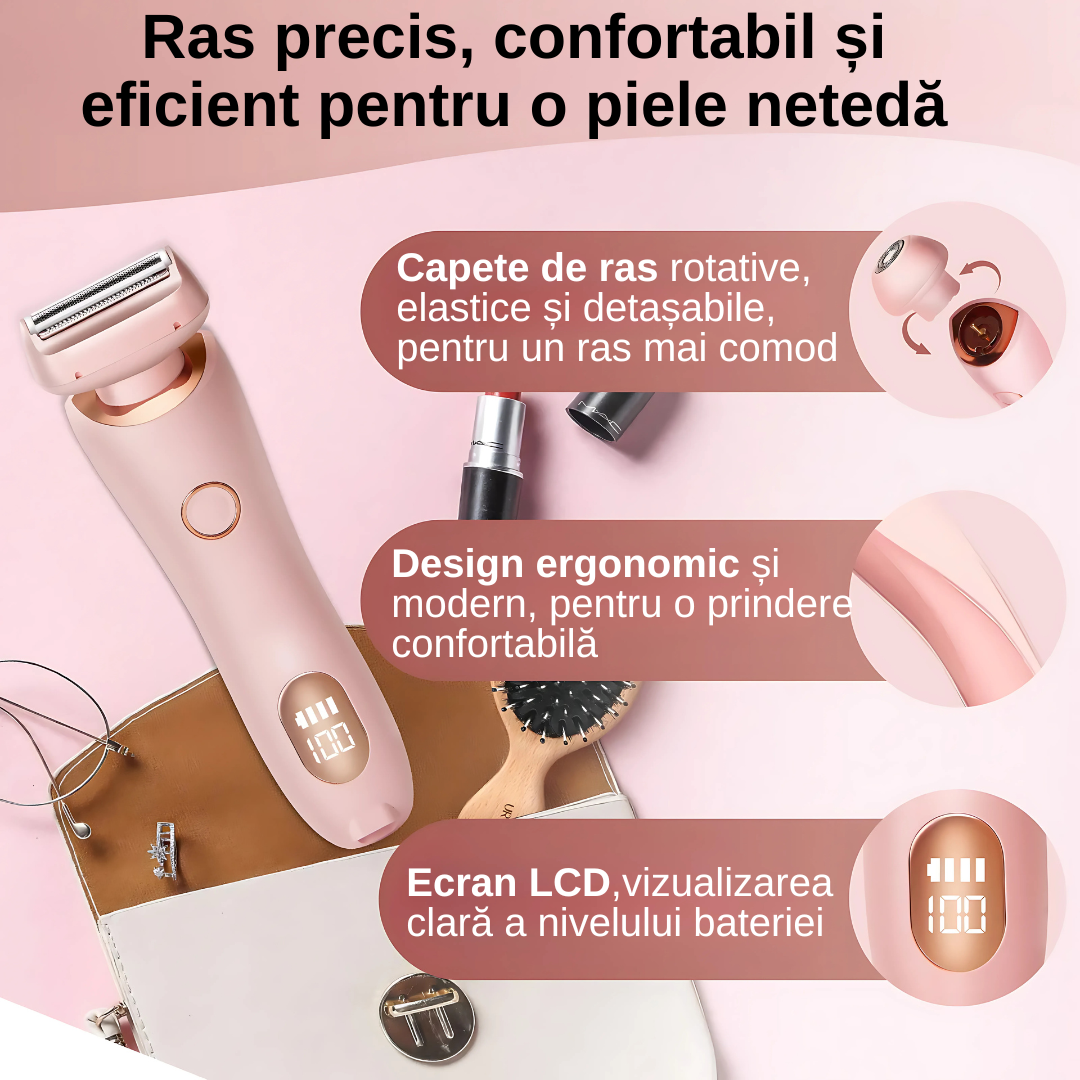 Aparat de ras electric 2 in 1, 2 capete interschimbabile, mediu uscat si umed, rezistent la apa IPX7, ecran LCD, design ergonomic, USB Type-C, capacitate baterie 8000mAh, roz
