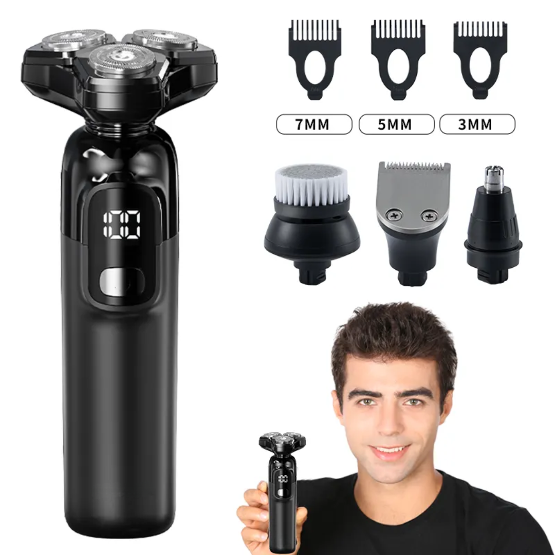 Aparat de ras profesional, multifunctional 4 in 1, 4 capete interschimbabile, 3 piepteni, lame duble, capete flotante, display LED incarcare Type-C, incarcare rapida, 800 mAh, 8W, prindere magnetica, rezistent la apa, usor de curatat, mediu uscat si umed, accesorii incluse, Negru