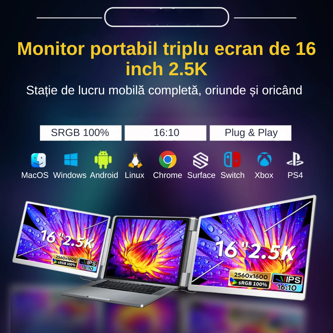 Extensie 2 ecrane pentru laptop, 2*16 inch, full HD, IPS, sRGB 100%, 2560*1600, USB Type-C/USB TypeA/HDMI, compatibilitate multipla, design portabil, reglabil, geanta cadou, gri - imagine 2