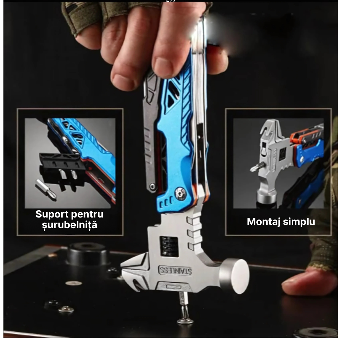 Ciocan multifunctional 19 in 1 de otel, Suport de surubelnita, Inox, Cheie reglabila, Cleste, Deschizator de conserve, Compact, Portabil, Taietor de sarma, 8,5 x 17cm, Negru