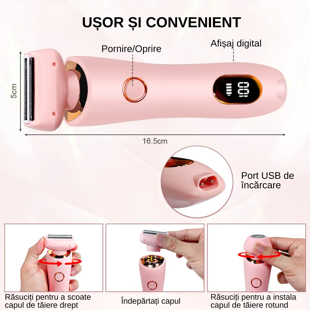 Aparat de ras electric 2 in 1, 2 capete interschimbabile, mediu uscat si umed, rezistent la apa IPX7, ecran LCD, design ergonomic, USB Type-C, capacitate baterie 8000mAh, roz