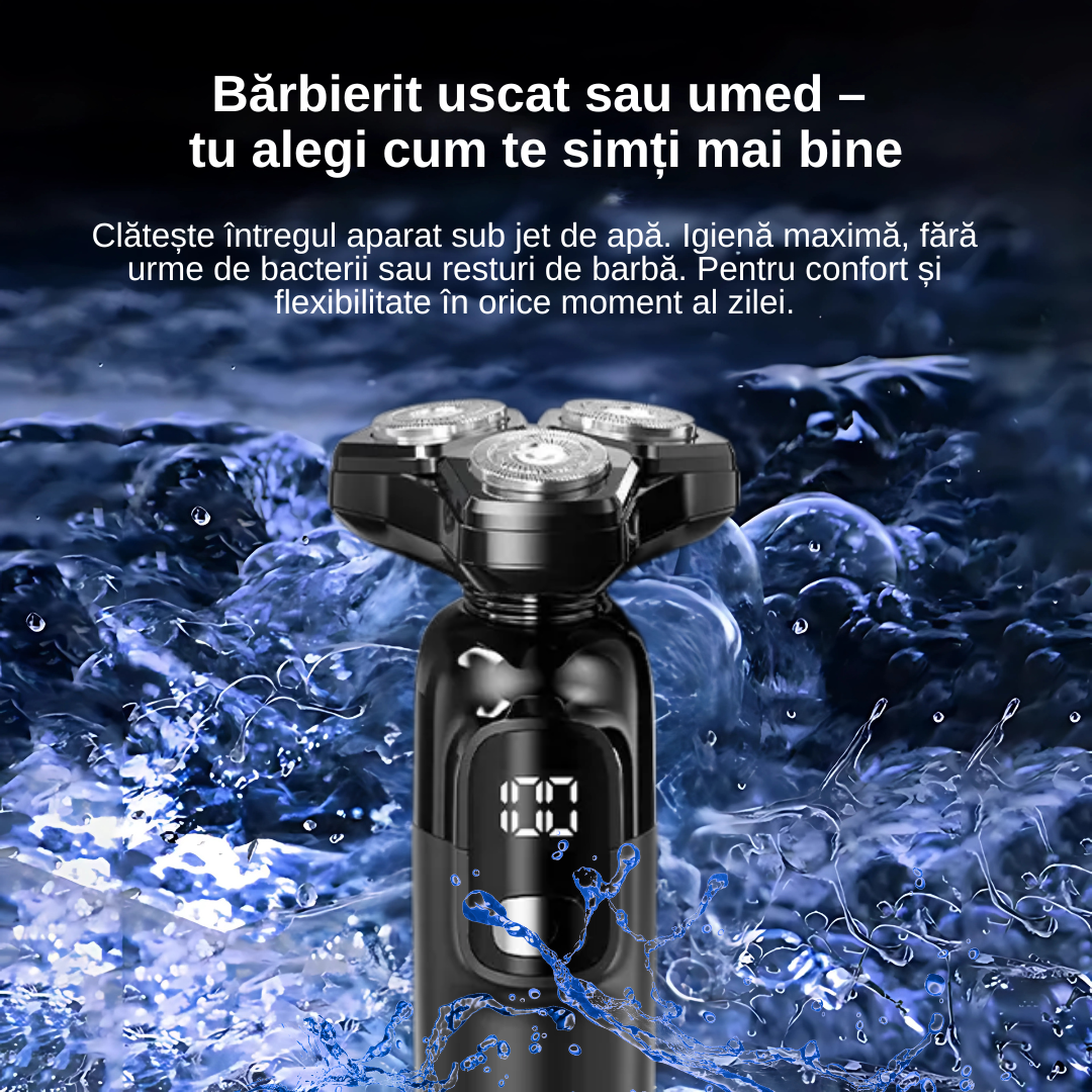 Aparat de ras profesional, multifunctional 4 in 1, 4 capete interschimbabile, 3 piepteni, lame duble, capete flotante, display LED incarcare Type-C, incarcare rapida, 800 mAh, 8W, prindere magnetica, rezistent la apa, usor de curatat, mediu uscat si umed, accesorii incluse, Negru