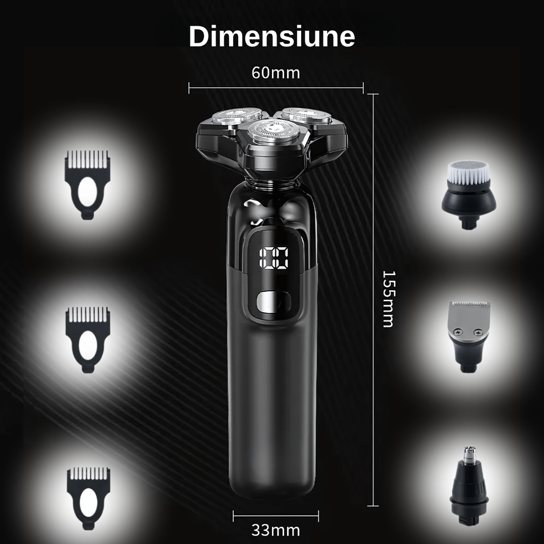 Aparat de ras profesional, multifunctional 4 in 1, 4 capete interschimbabile, 3 piepteni, lame duble, capete flotante, display LED incarcare Type-C, incarcare rapida, 800 mAh, 8W, prindere magnetica, rezistent la apa, usor de curatat, mediu uscat si umed, accesorii incluse, Negru