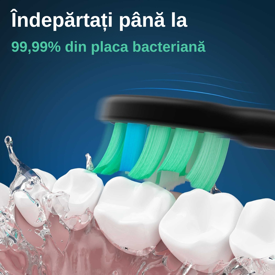 Periuta de dinti electrica Sonic, pentru adulti, copii, 5 Moduri de periaj, 801 mAh, 40.000 Pulsatii/min, Smart Timer, IPX7(impermeabil), 8 capete Soft, Functie de memorare, Husa transport, Negru. - imagine 8