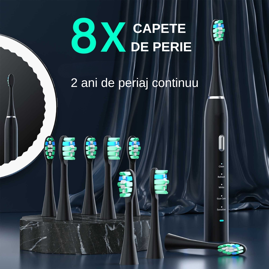 Periuta de dinti electrica Sonic, pentru adulti, copii, 5 Moduri de periaj, 801 mAh, 40.000 Pulsatii/min, Smart Timer, IPX7(impermeabil), 8 capete Soft, Functie de memorare, Husa transport, Negru.