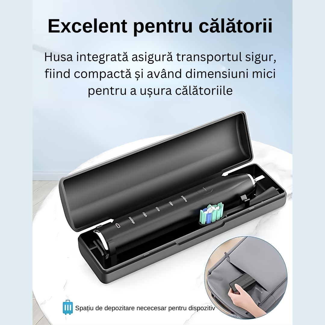 Periuta de dinti electrica Sonic, pentru adulti, copii, 5 Moduri de periaj, 801 mAh, 40.000 Pulsatii/min, Smart Timer, IPX7(impermeabil), 8 capete Soft, Functie de memorare, Husa transport, Negru. - imagine 9