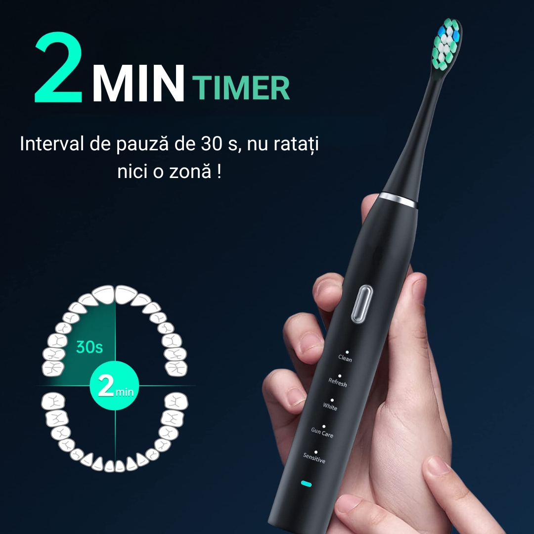 Periuta de dinti electrica Sonic, pentru adulti, copii, 5 Moduri de periaj, 801 mAh, 40.000 Pulsatii/min, Smart Timer, IPX7(impermeabil), 8 capete Soft, Functie de memorare, Husa transport, Negru. - imagine 6