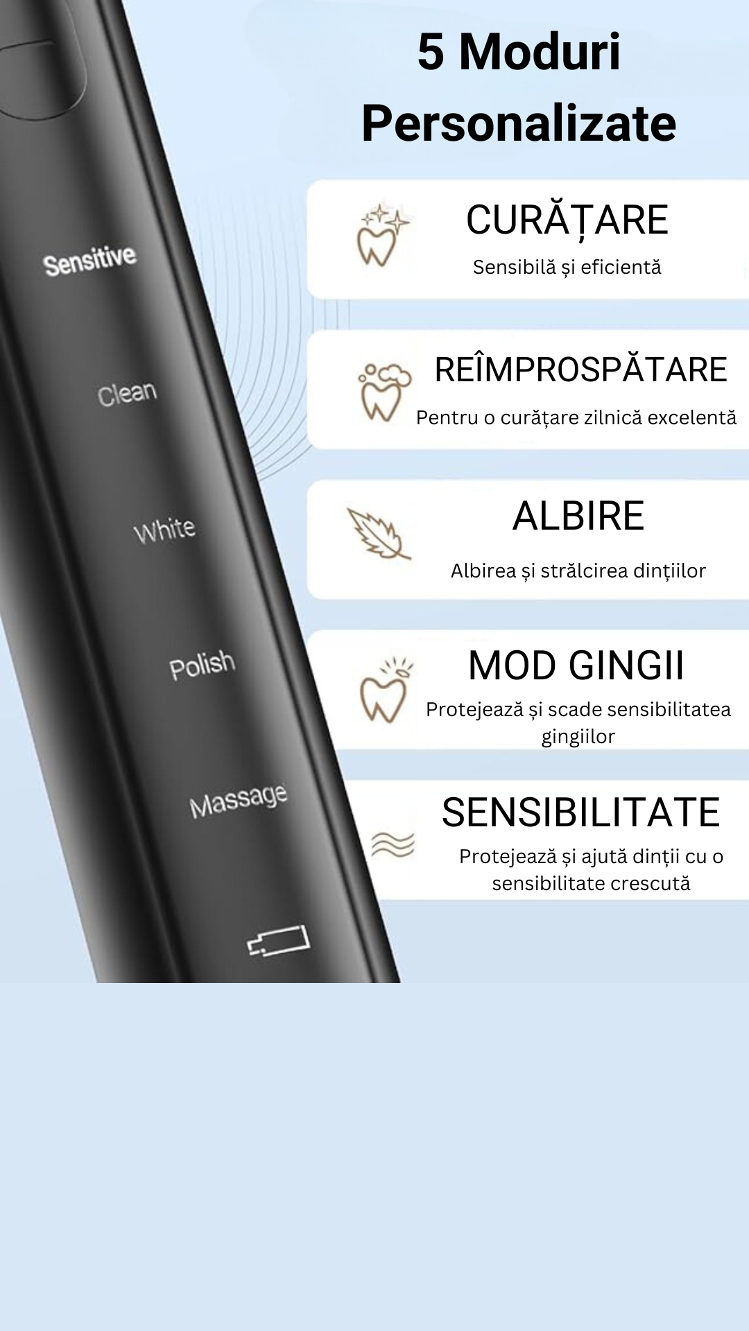 Periuta de dinti electrica Sonic, pentru adulti, copii, 5 Moduri de periaj, 801 mAh, 40.000 Pulsatii/min, Smart Timer, IPX7(impermeabil), 8 capete Soft, Functie de memorare, Husa transport, Negru. - imagine 2